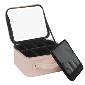 Elegent PU Cosmetic Makeup Bag With Hard Sided and Easy Carry Handle, Separate Piece of Brush Holder and Pocket, With LED Mirror for Makeup
